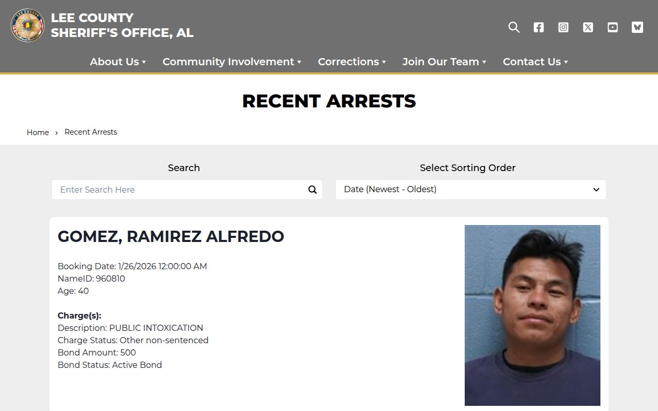Lee County recent arrests page showing Auburn bookings