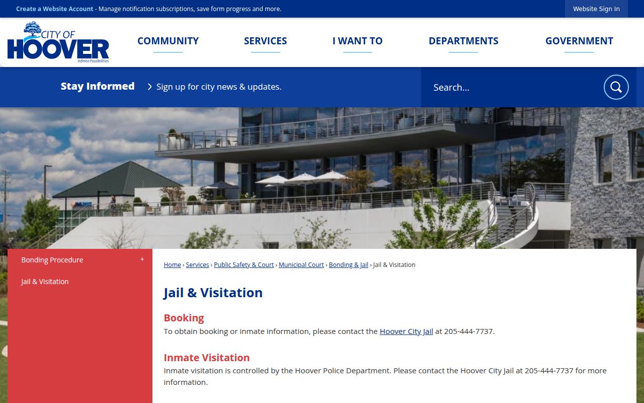 Hoover Police Department Jail and Visitation page