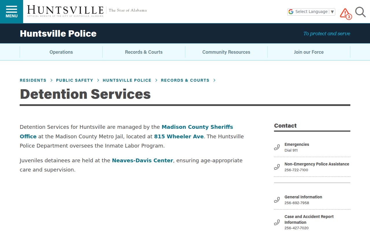 Huntsville Police Department Detention Services page