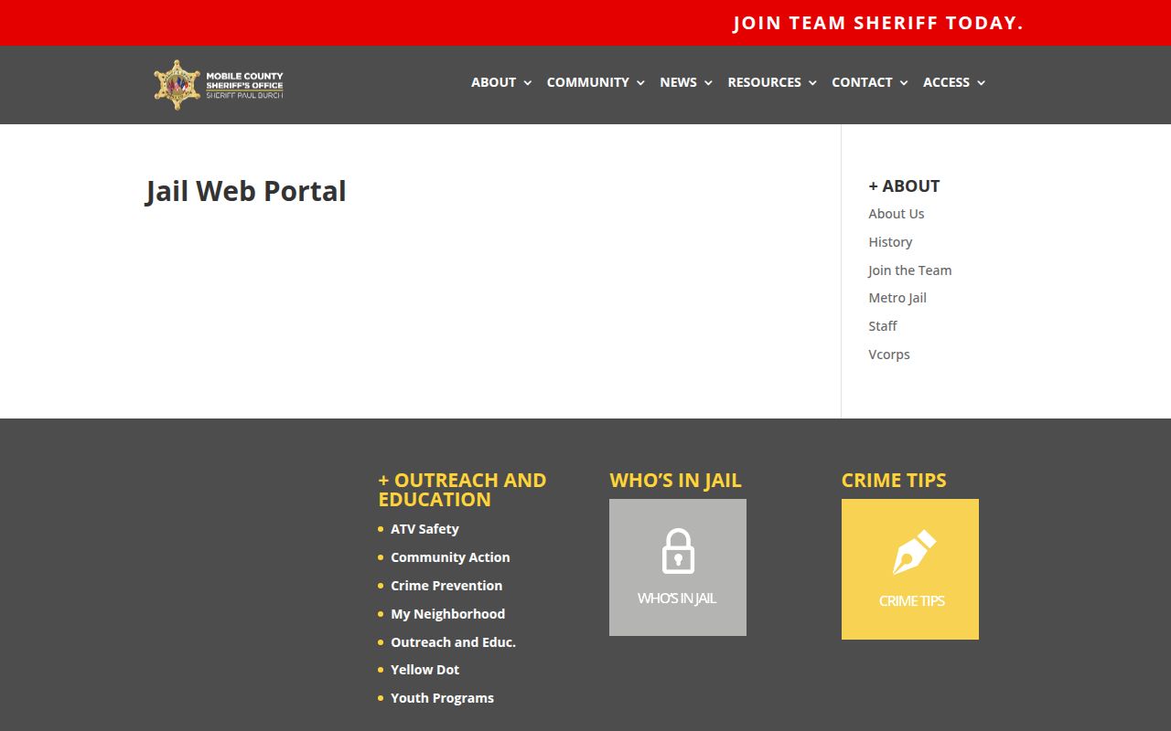 Mobile County Jail Web Portal page