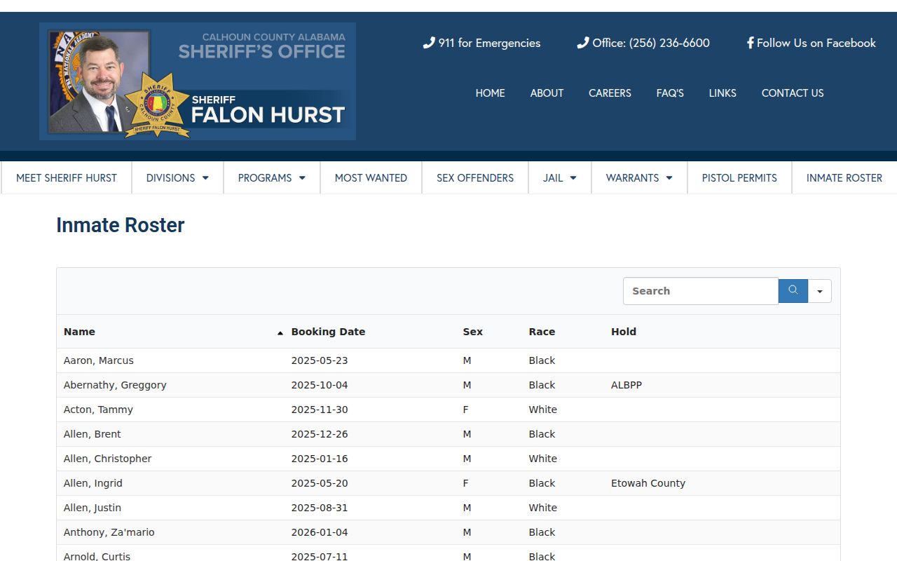 Calhoun County inmate roster page